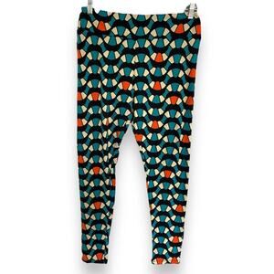 LuLaRoe Womens Leggings Sz TC Snakey Waves Teal Cream Orange‎ Stained Glass